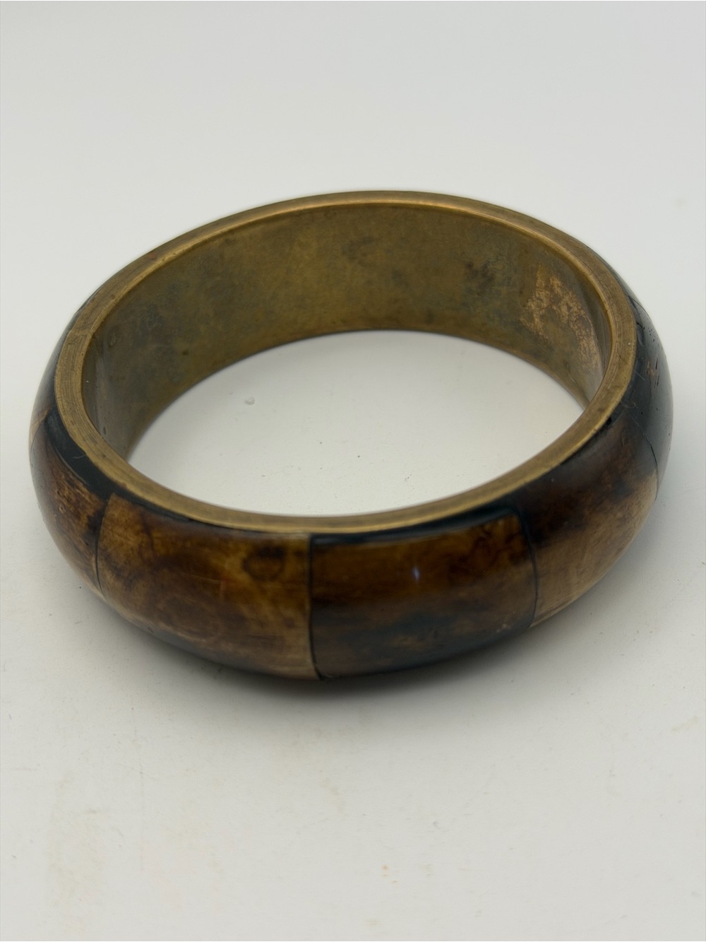 Cream, Brown Inlaid Wood Bangle Bracelet w/Brasd